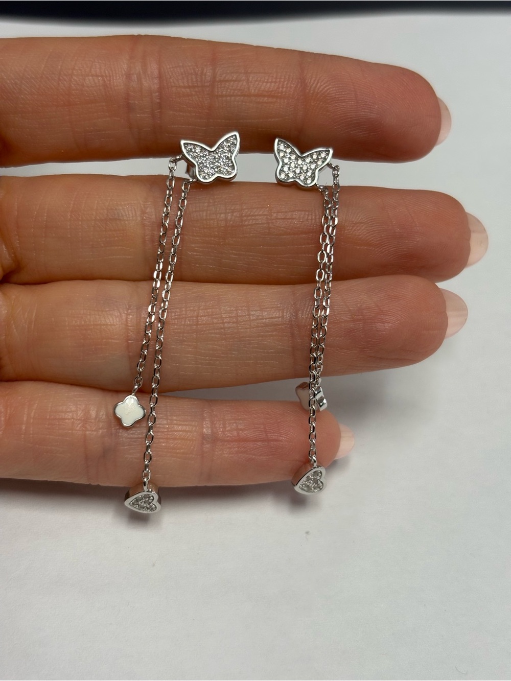 Suzy  Sterling Silver Pave Butterfly Drop Earrings with Heart & Clover Charms